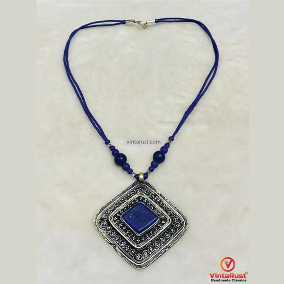 Handcrafted Lapis Lazuli Beaded Necklace: Bohemian Pendant - Picture 1 of 4
